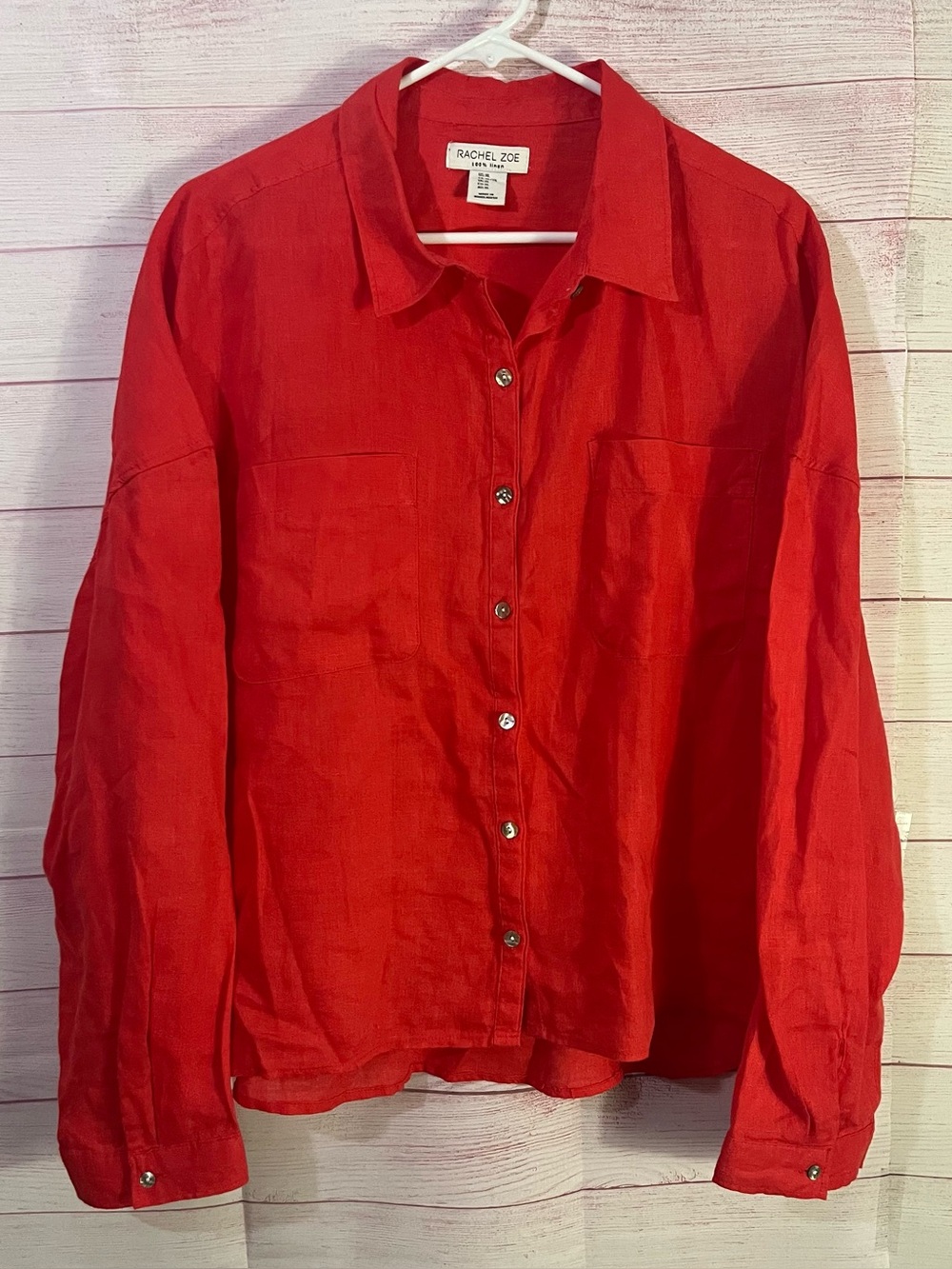 Rachel Zoe 100% linen Red Burnt Orange Button Down Long Sleeve Shirt Size XL